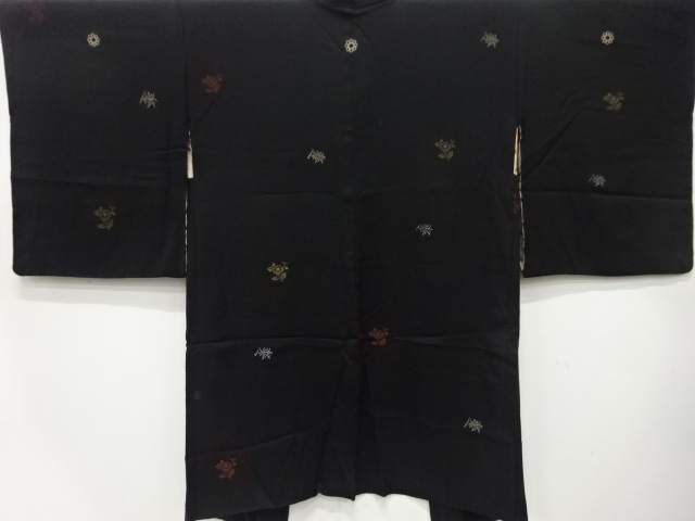 大正ロマン　漆　草花模様織出し　三ツ紋長羽織